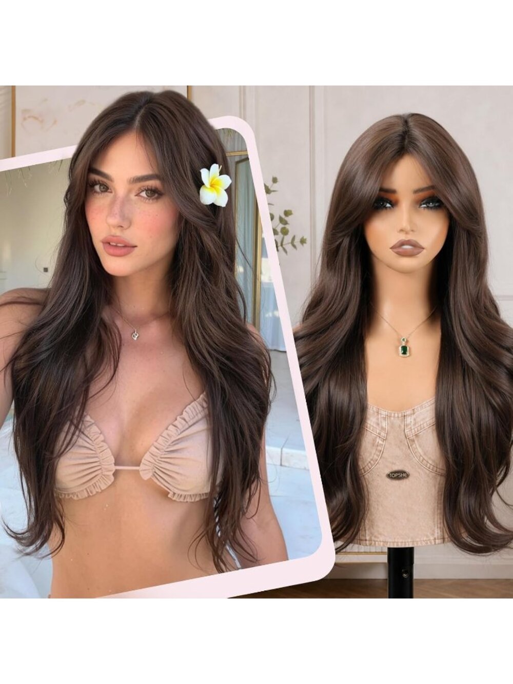 24 Inch Women's Fashion Chocolate Soft Long Synthetic Wavy Curly Wig with Bangs